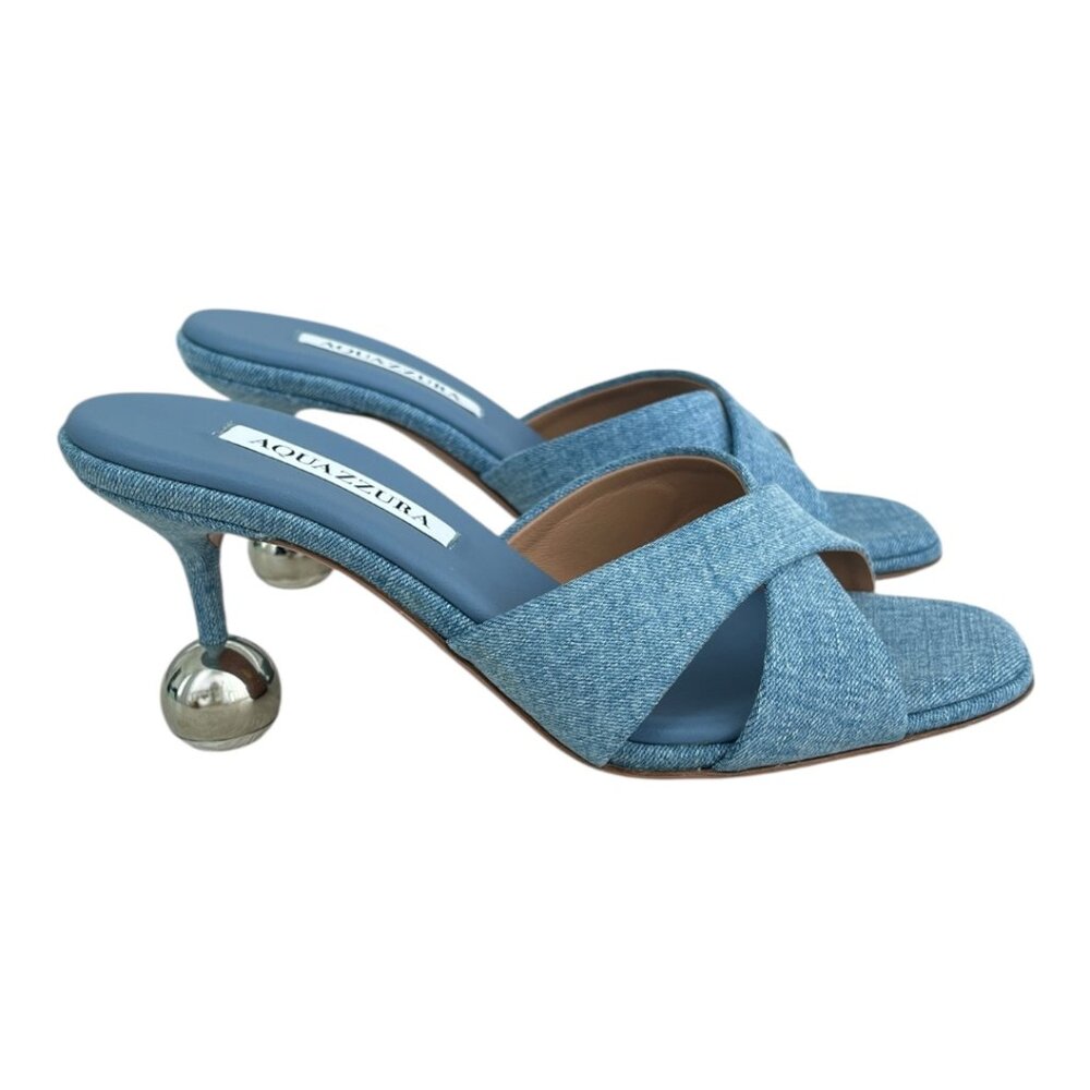 NWT Authentic Aquazzura Darling Mule 75 Open Toe Heels Sandals in Blue Denim - Picture 4 of 10